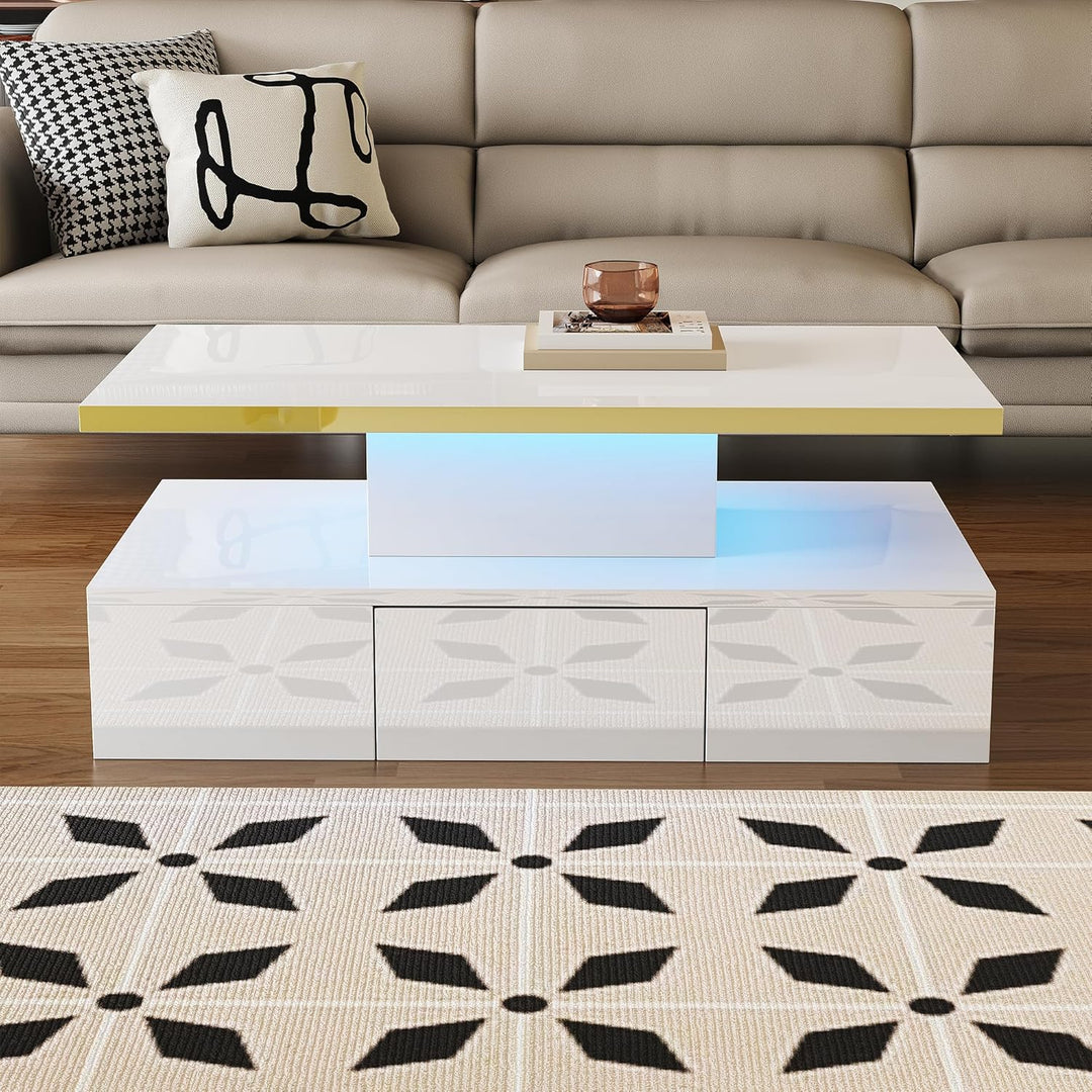 Merax Moderner LED Couchtisch, Wohnzimmertisch mit Schubladen, Beistelltisch mit Offener Stauraum un