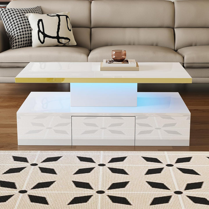 Merax Moderner LED Couchtisch, Wohnzimmertisch mit Schubladen, Beistelltisch mit Offener Stauraum un