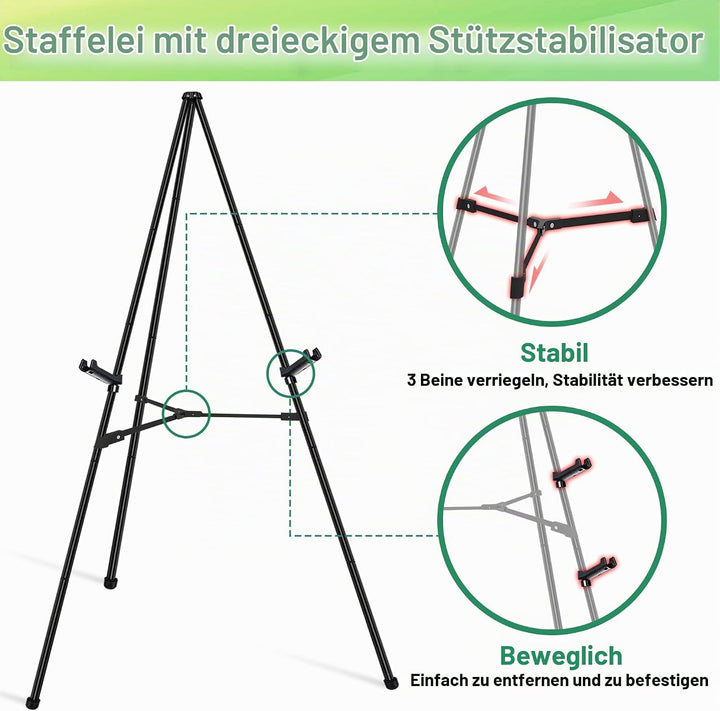 Staffelei – Faltbare Metall Staffelei, Verstellbare Bodenstaffelei mit Sofort Stativ – Leinwandständ