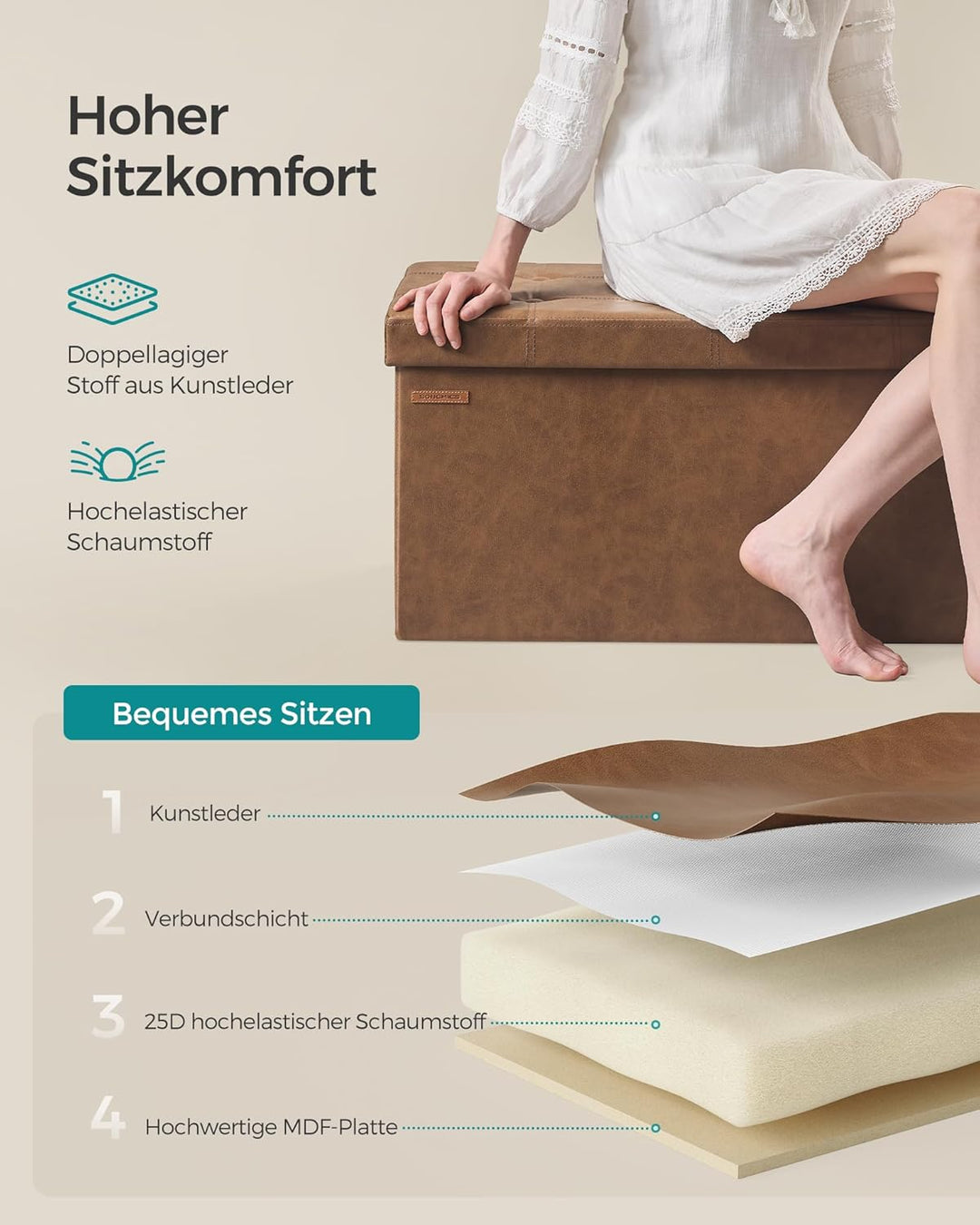 SONGMICS Sitzhocker mit Stauraum, klappbare Sitzbank, 38 x 76 x 38 cm Fussbank, Aufbewahrungsbox, bi