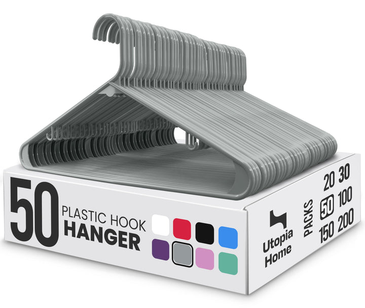 Utopia Home Graue Kunststoff-Kleiderbügel, 50 Packungen mit Haken – langlebige und stabile, platzspa