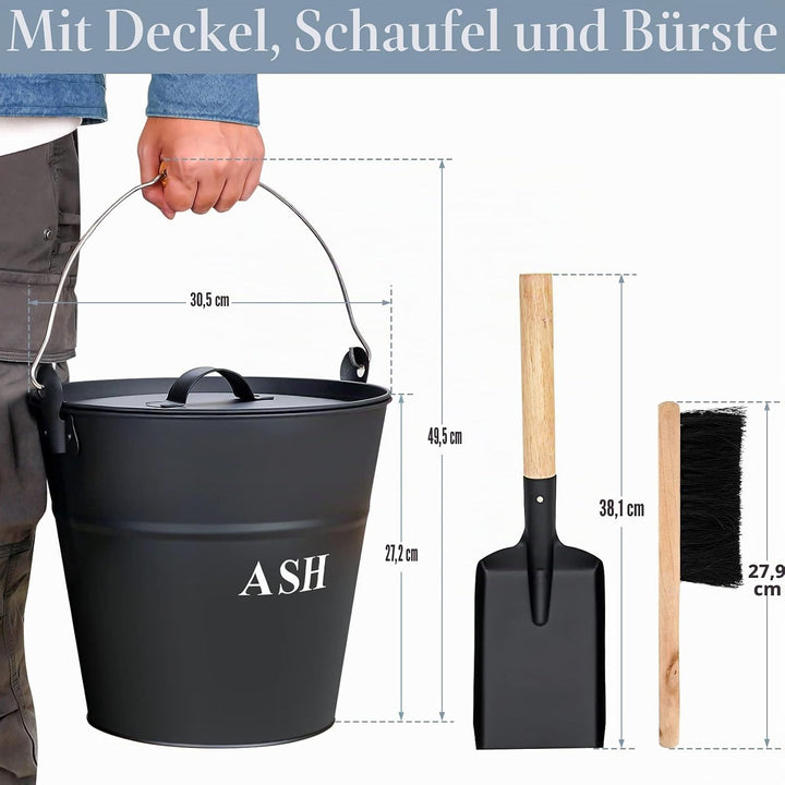 INNO Stage Ascheeimer mit Deckel, Schaufel und Besen, Kohleeimer für Kamin, Feuerstelle, Herde, Holz