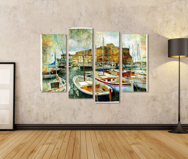 Bild Bilder auf Leinwand Kunstbild im Malstil - Boote im Hafen von Neapel vor der Burg Uovo Wandbild