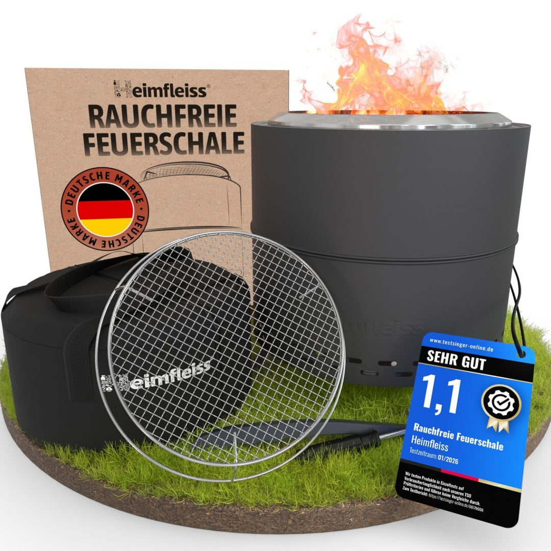 Heimfleiss® Rauchfreie Feuerschale Edelstahl Ø50cm | Feuerkorb mit Grillrost | Feuerschale Rauchfrei