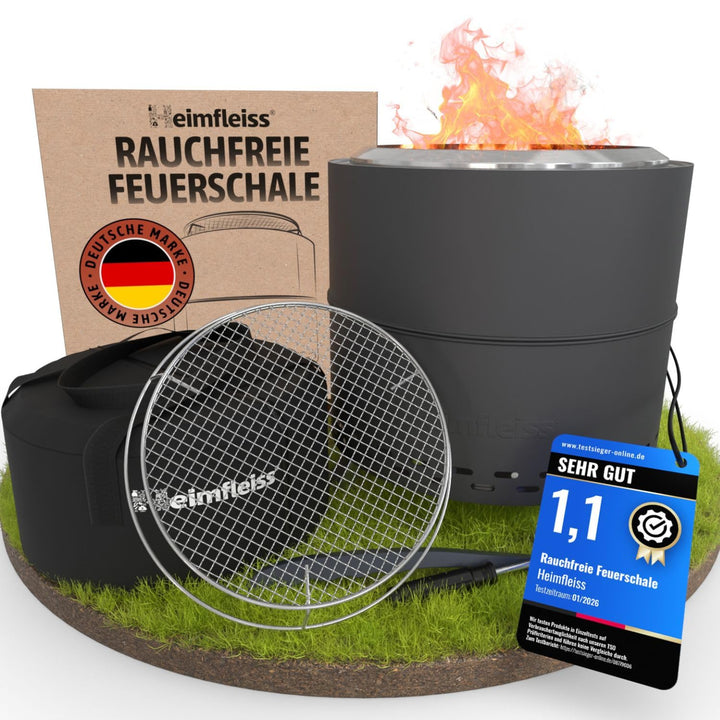 Heimfleiss® Rauchfreie Feuerschale Edelstahl Ø50cm | Feuerkorb mit Grillrost | Feuerschale Rauchfrei