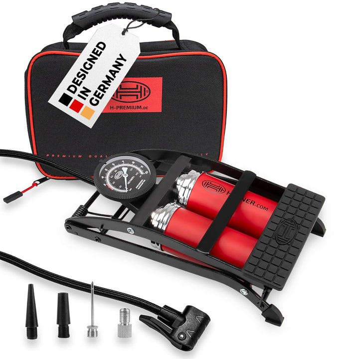 HEYNER® 22500N Fussluftpumpe Doppelzylinder 2 Zylinder mit Manometer bis 10 bar + Tasche