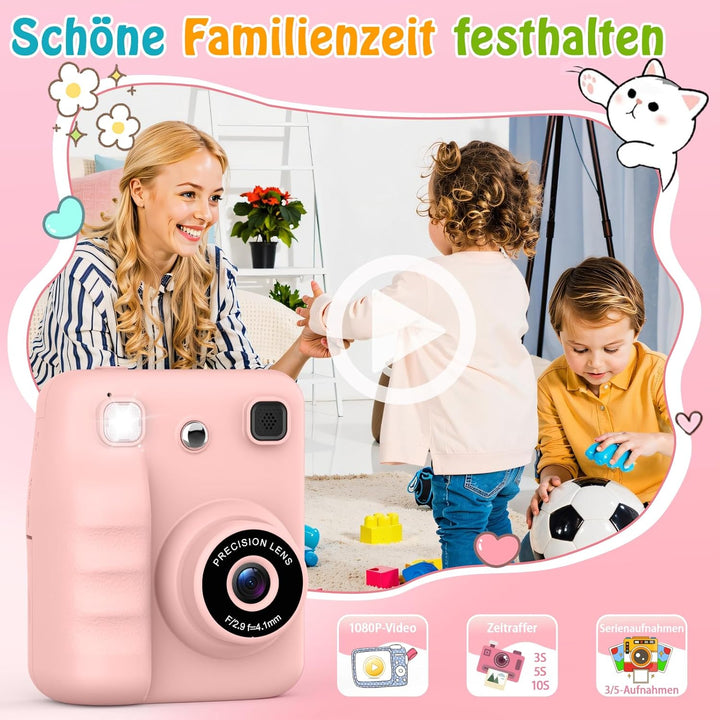 Kinderkamera Sofortbildkamera, Spielzeug ab 3-6 Jahren 2.4" HD Bildschirm Kinderkamera mit 32 GB Ges