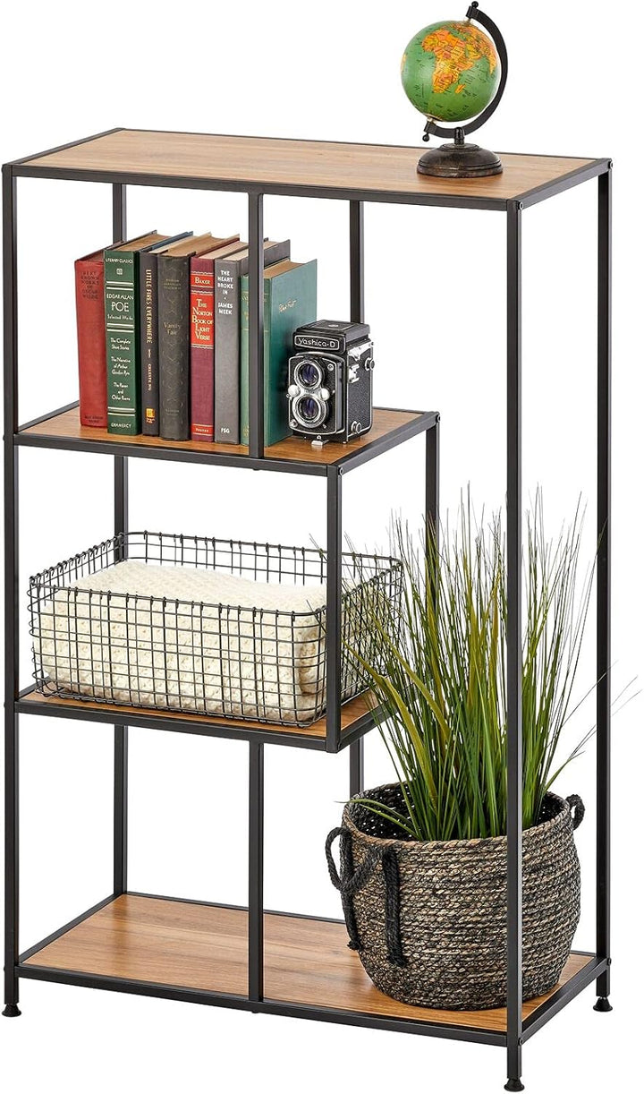 mDesign Bücherregal mit vier Ebenen – kleines Buch Regal aus Metall und Holz – modernes Raumteiler R