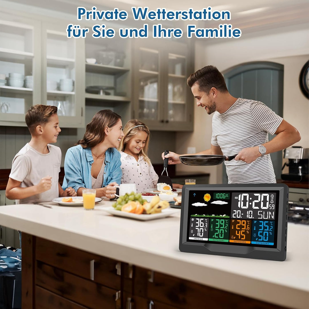 Wetterstation Funk mit Aussensensor, Wetterstation Funk mit 3 Aussensensor, 7,5" VA-Farbdisplay Funk