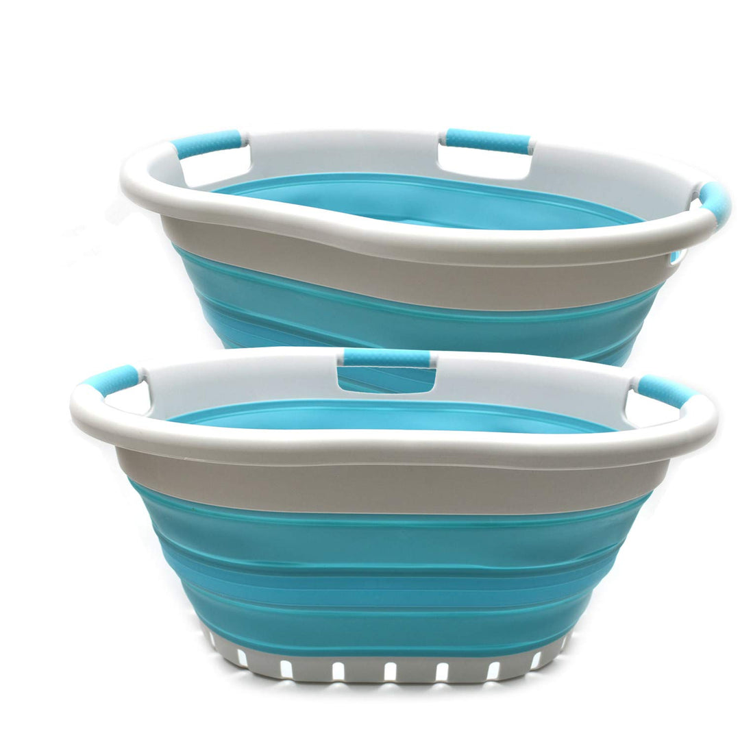 SAMMART 36L Collapsible 3 Handled Plastic Laundry Basket (Grau/Hellblau, 2) Grau/Hellblau 2, Grau/He