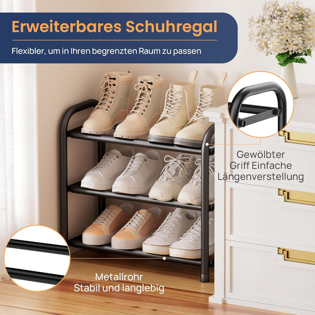 ENJOYBASICS Expandable Schuhregal, 3 Ebenen Adjustable Metall Schuhaufbewahrung 45 to 83cm, Schwarz