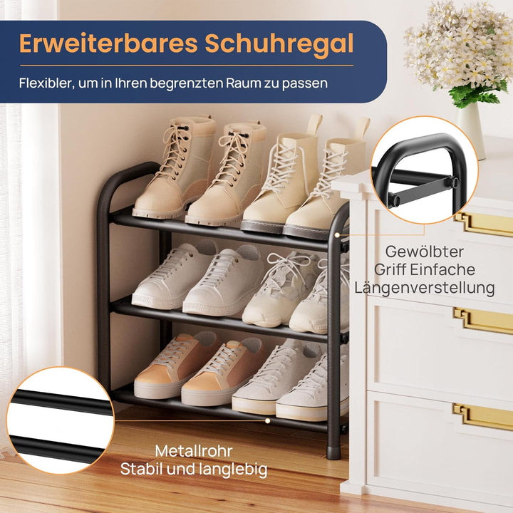ENJOYBASICS Expandable Schuhregal, 3 Ebenen Adjustable Metall Schuhaufbewahrung 45 to 83cm, Schwarz