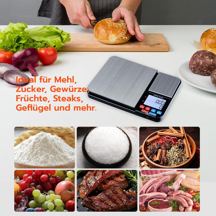 Wigearss Küchenwaage Digital mit Dual Plattform 10kg/1g und 500g/0.01g, Doppelfunktion Küchen Feinwa