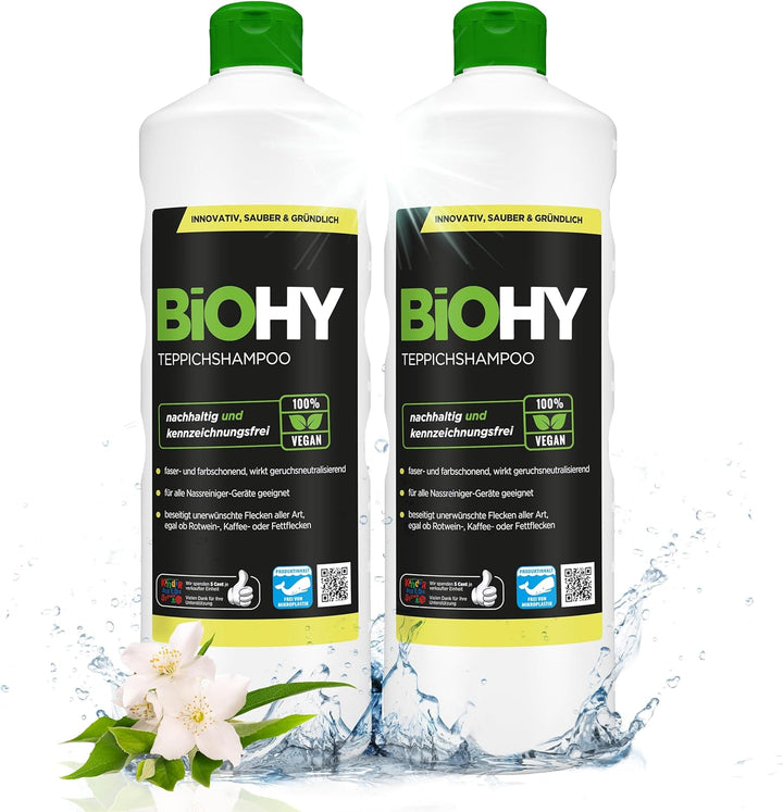 BiOHY Teppichshampoo (2 x 1 liter) | Teppichreiniger Konzentrat | ideal gegen hartnäckige Flecken |