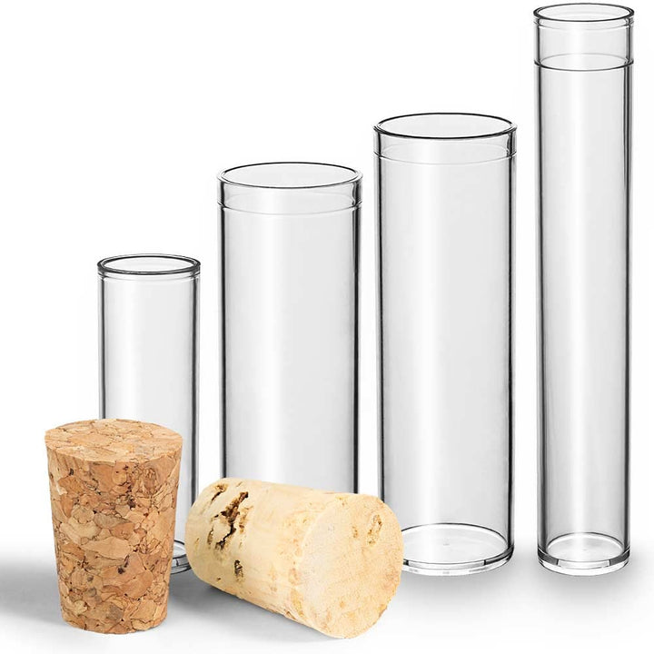 Tuuters 100x Kunststoff Reagenzgläser mit Korken, Kunststoffröhrchenn (65 x Ø23, Naturkorken) 65 x Ø