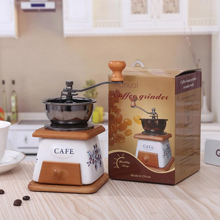 YUEHUA Manuelle Kaffeemühle justierbar - Keramik-Kegelmahlwerk, Gusseisen-Retro-Design mit Buchenhol