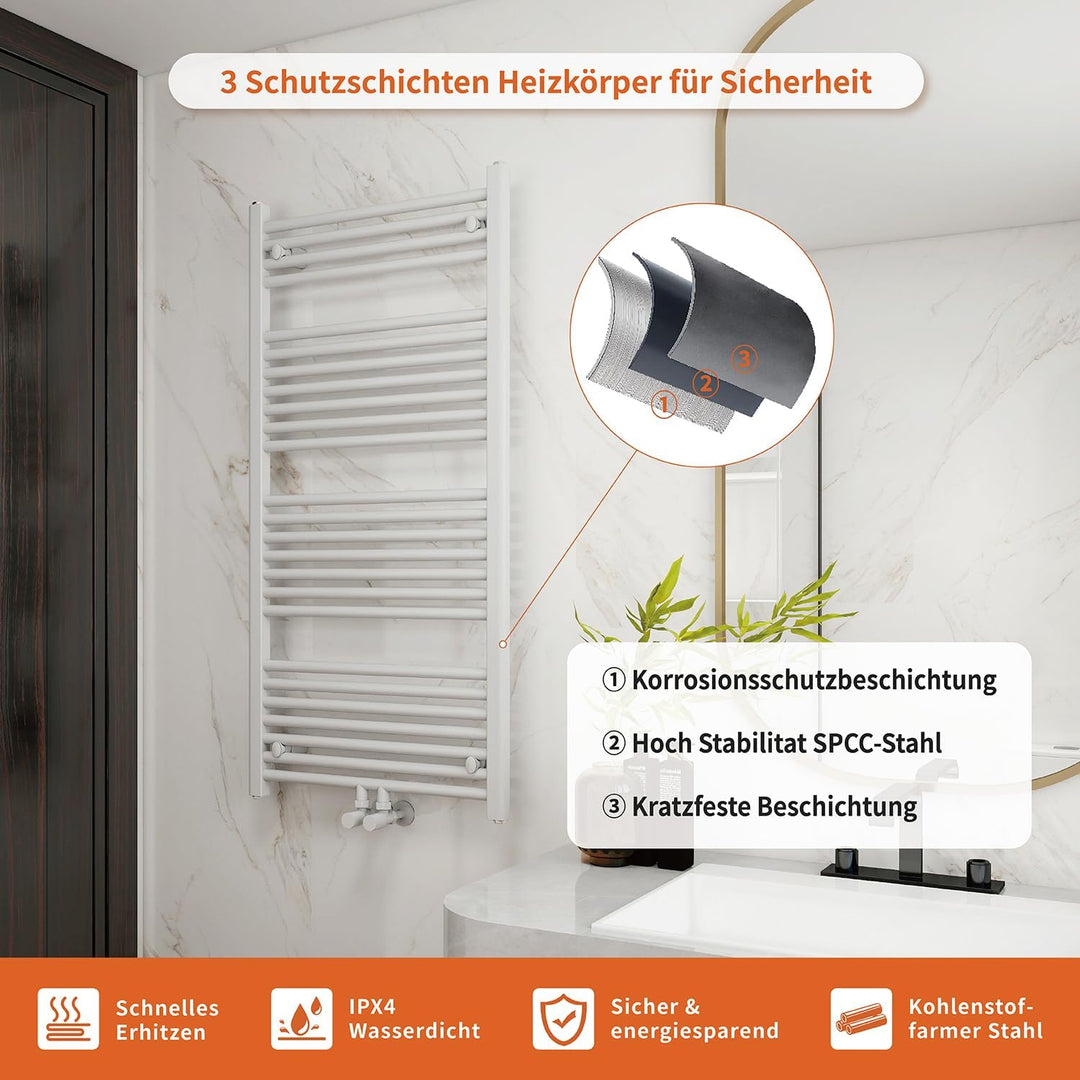 Badheizkörper Mittelanschluss 1160x600 mm, 600W Handtuchheizkörper &amp; Handtuchtrockner, Einfach Insta