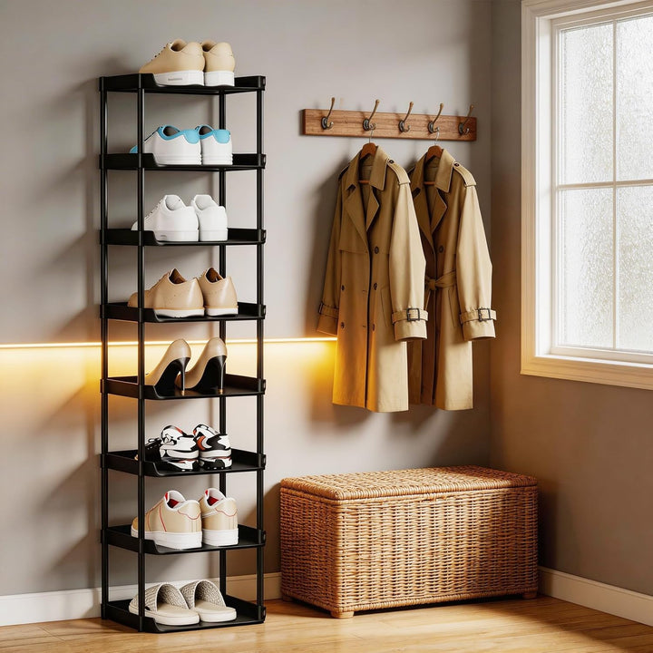 8 Ebenen Schuhregal Schmal und Hoch, Vertikales Schuhregale Stapelbar, Kleines Regal Platzsparend, E