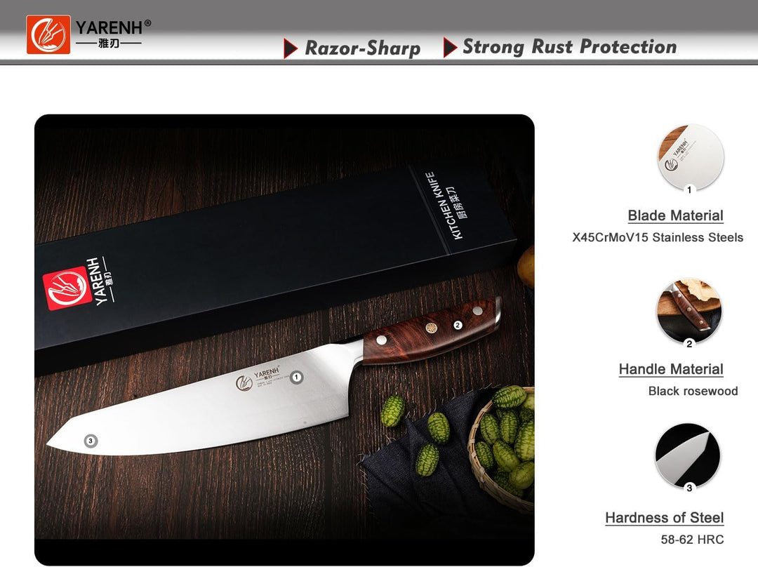 YARENH Kochmesser aus Rostfreiem Stahl, Profi Chefmesser - Scharfe und Langlebige Klinge, 20 cm Klin