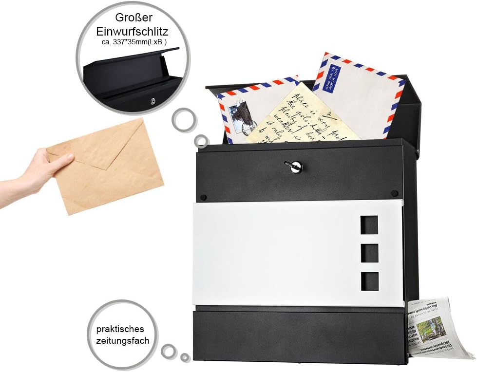 Melko Briefkasten mit Zeitungsfach Weiss Wandmontage Hausbriefkasten mit Schutzklappe und Sicherheit