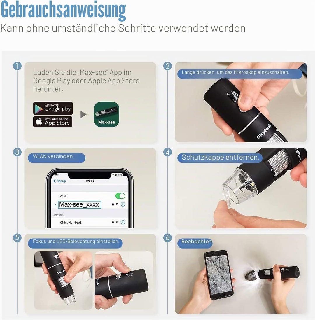 Drahtloses Digitales Mikroskop, Skybasic Digital Mikroskop 50X bis 1000X WiFi Mikroskop Handgehalten