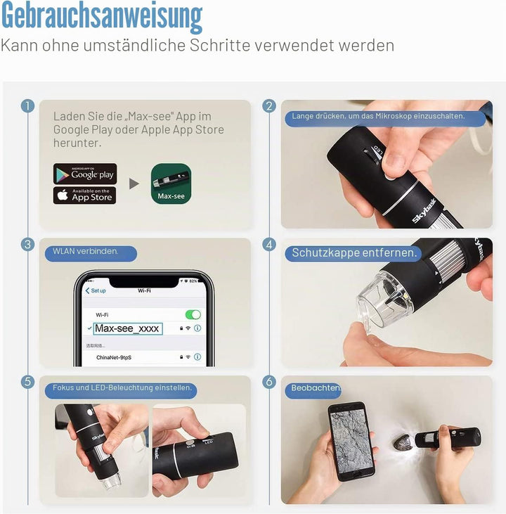 Drahtloses Digitales Mikroskop, Skybasic Digital Mikroskop 50X bis 1000X WiFi Mikroskop Handgehalten
