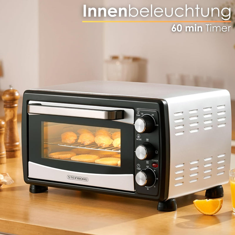 Mini Backofen 20 Liter | Pizza-Ofen | Minibackofen | 3in1 Backofen mit Umluft | herausnehmbares Krüm