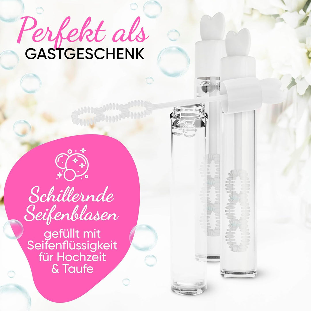Seifenblasen Hochzeit Lovegläschen 96 Stück weiss | 3 Pustelöcher mit Herzgriff | Mini Wedding Bubbl
