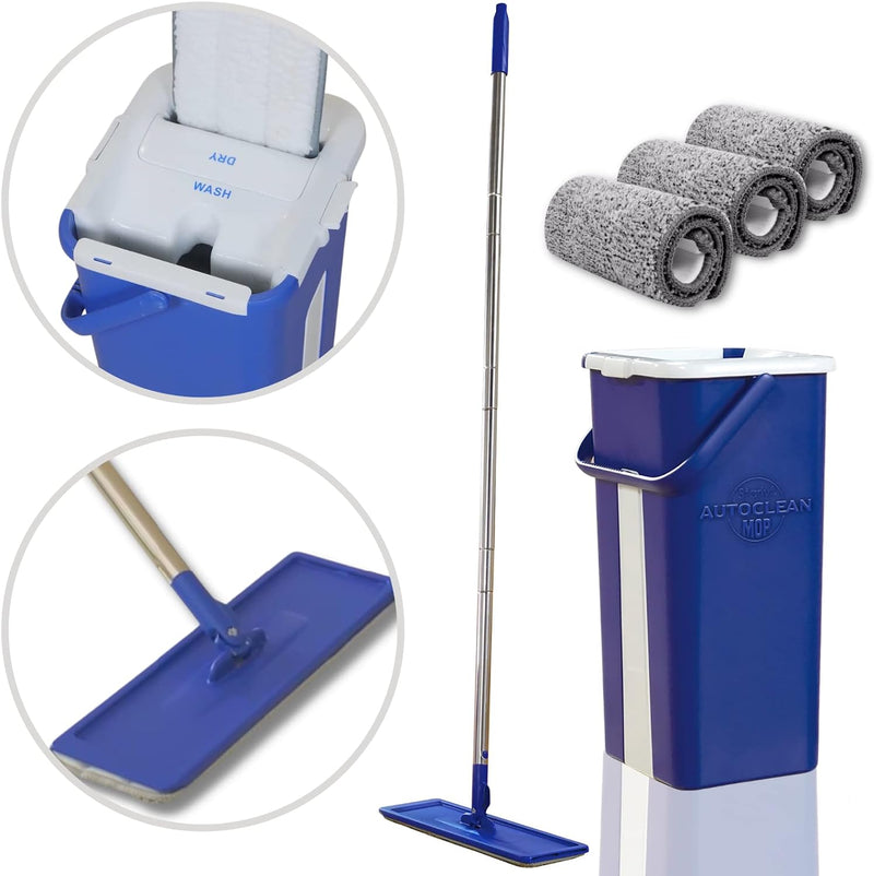 STARLYF Autoclean Mop Set mit Eimer und Mopp + 3 Mikrofasertücher, Doppelfach, trocken/nass, alle Ar
