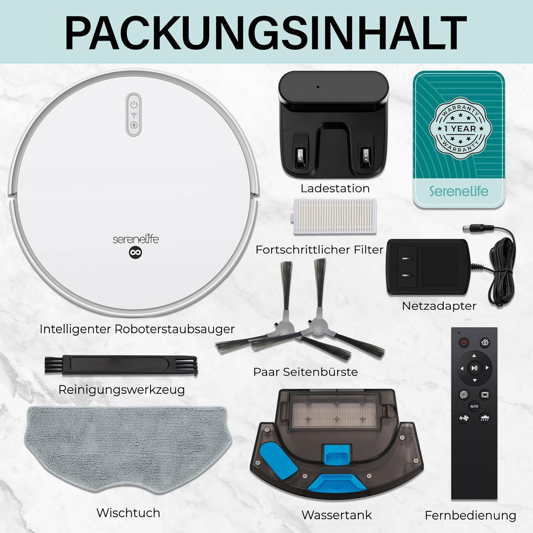 SereneLife Saugroboter mit Wischfunktion, Staubsauger Roboter, 2000pa Saugroboter mit APP Steuerung,