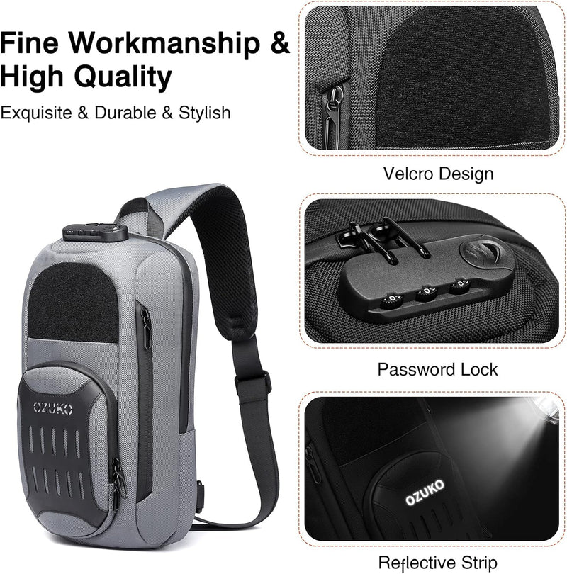 FANDARE Brusttasche Herren Sling Rucksack mit USB-Ladeanschluss Geschäft Klein Daypacks Schultertasc