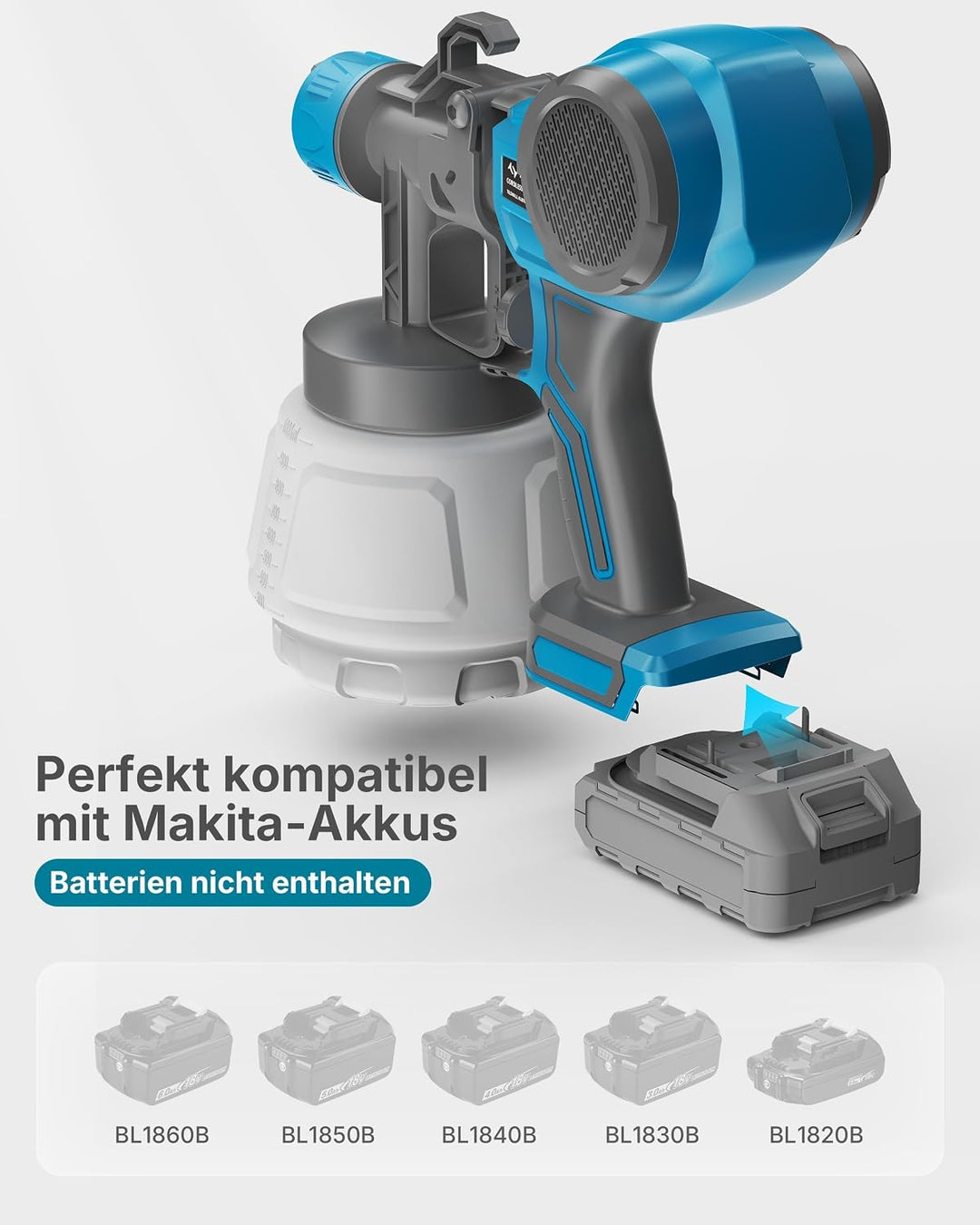 Tilswall Farbsprühsystem Alien500 Akku kabellos, für Makita 18V (ohne Akku) Hellblau 600 Milliliter,