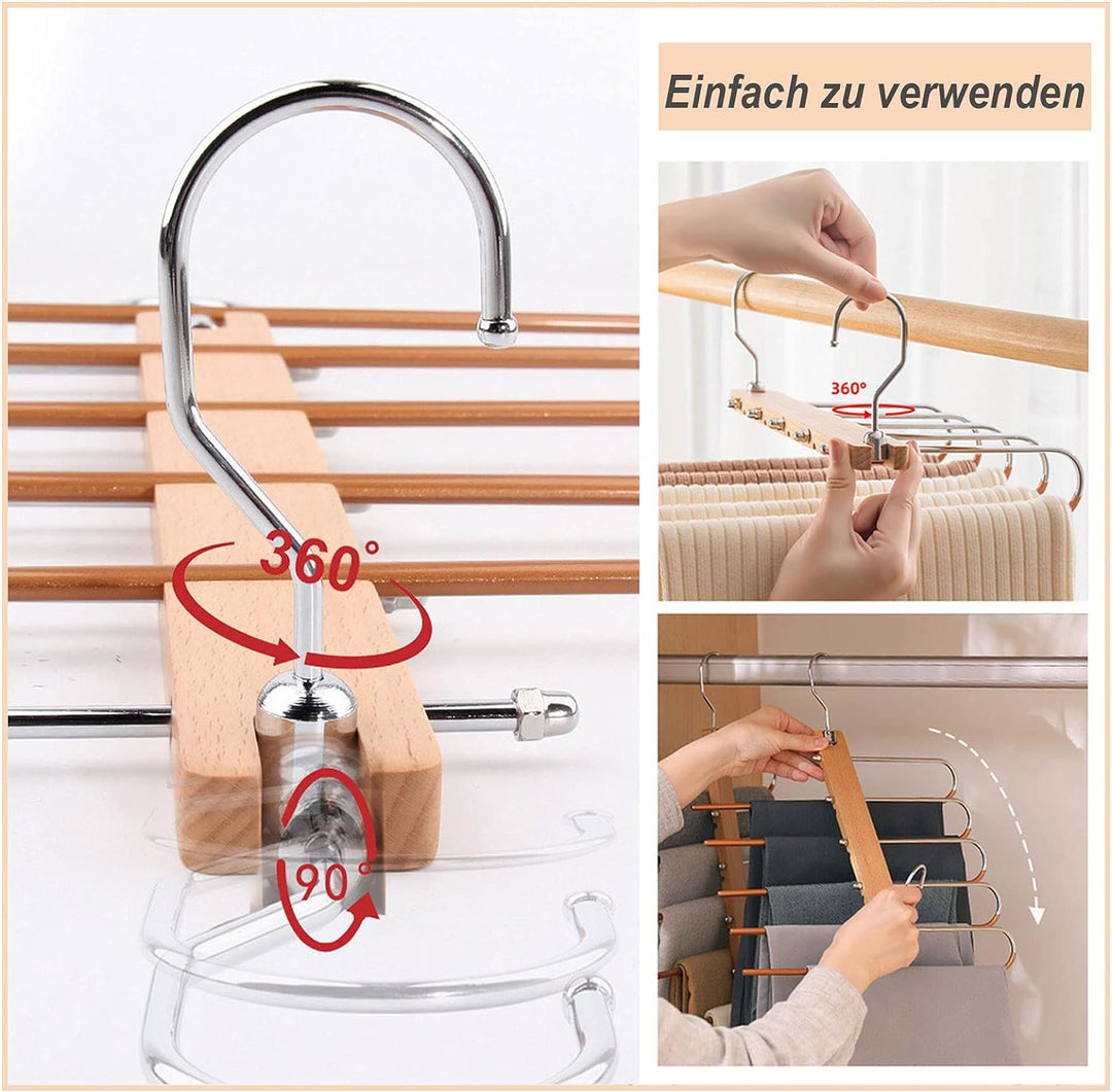 2 Stück 5in1 Hosenbügel Platzsparend,Edelstahl Hosenbügel rutschfeste Robuster, Holz Hosenkleiderbue