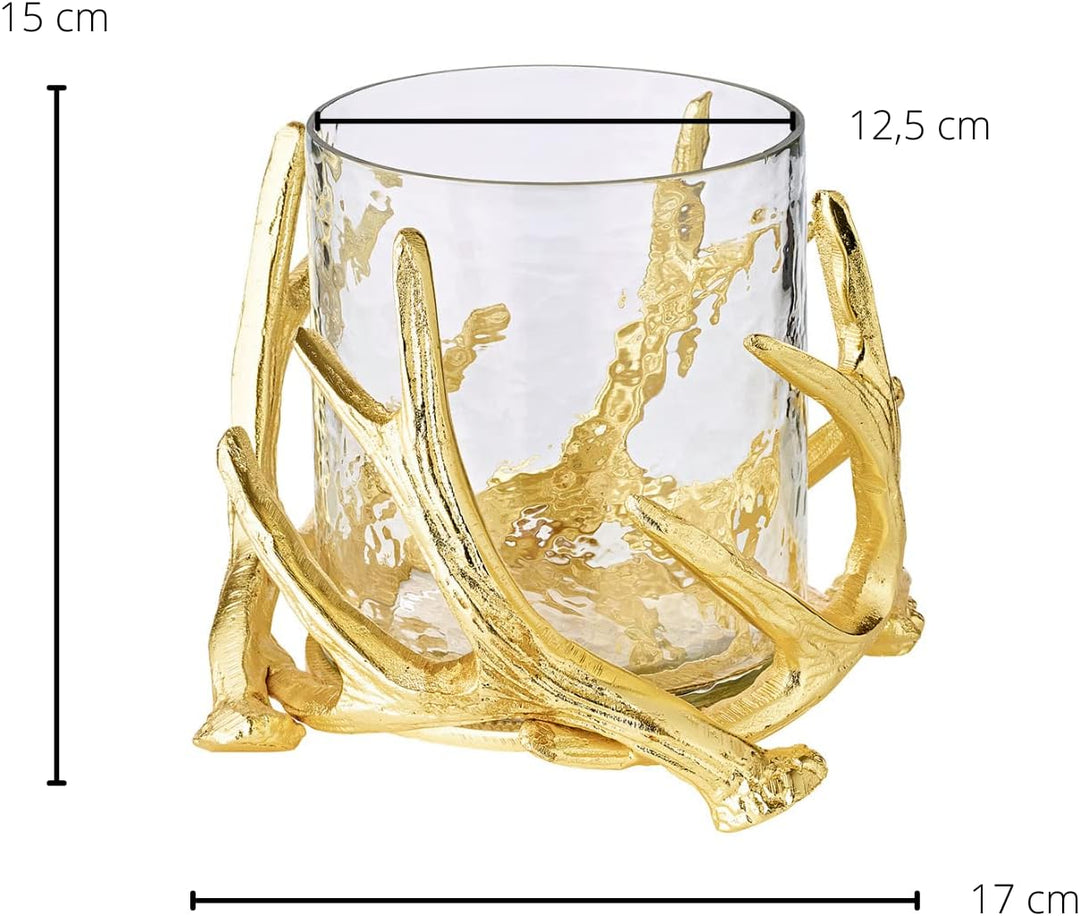 EDZARD Windlicht Kingston im Hirschgeweih Design, Aluminium vernickelt, goldfarben, mit Glas, Höhe 1