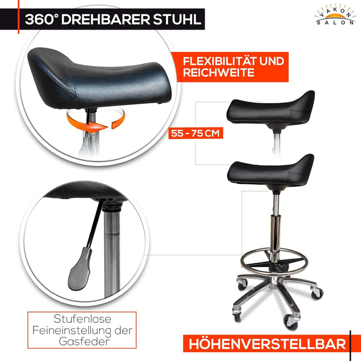VAKON SALON - Breitsitz Rollhocker höhenverstellbar von 55-75 cm auf Premiumrollen und Fussring, Dre