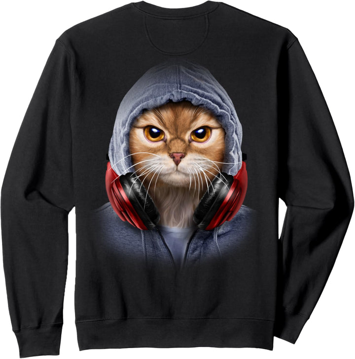 Orange Katze in einem grauen Kapuzenpulli und Kopfhörern Sweatshirt