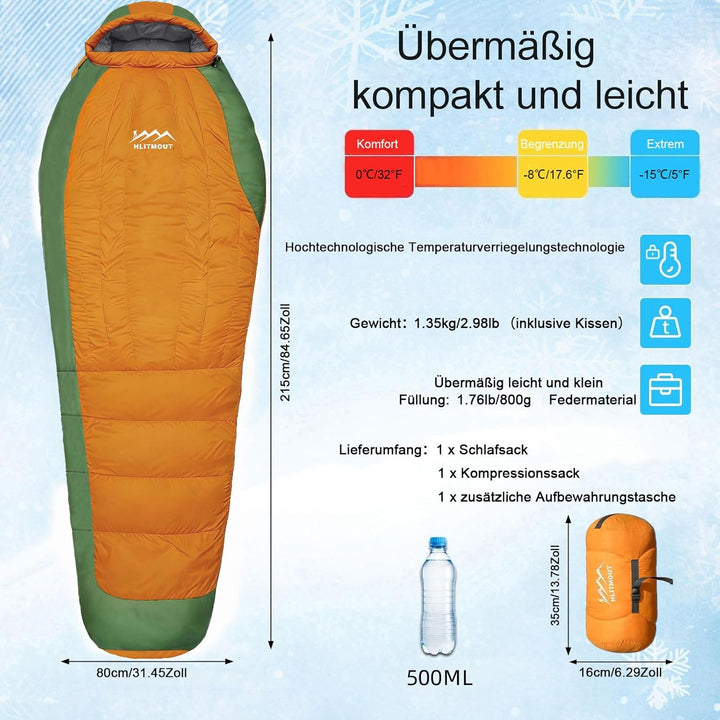 Ultraleicht Daunenschlafsack mit Kissen, Kleiner Leichter Daunen Schlafsack 680FP für Erwachsene und