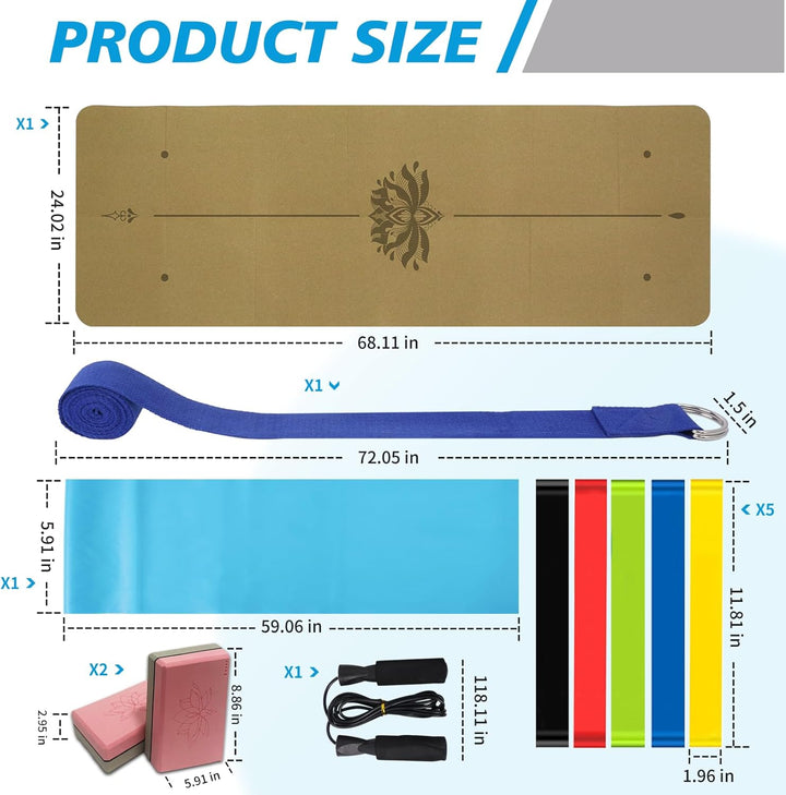 Yoga Matte Strater Set Blöcke Gürtel Springseil Widerstand Band Widerstand Schleife 7-in-1 Cork 4mm,