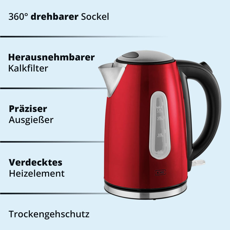 KHG Frühstücksset aus Wasserkocher & Toaster in Rot, Edelstahl Metallic Chrom, 1,7l Kapazität & 2 To