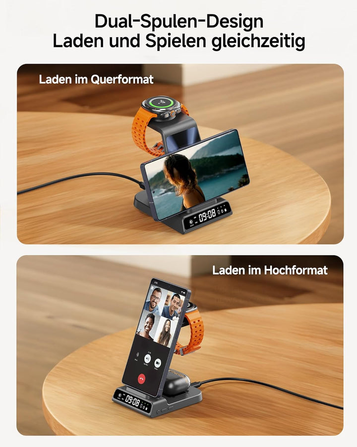 Induktive Ladestation für Samsung, 2025 Upgrade Kabelloses Ladegerät 3 in 1 für Galaxy Watch 8/Ultra
