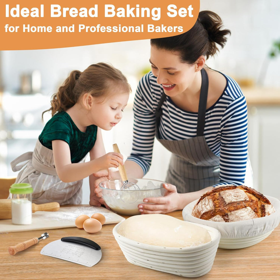 Brot Gärkorb Set, Gärkörbchen zum Brotbacken, 23cm Rund & 25cm Oval Brotkörbchen aus Natürlichem Rat