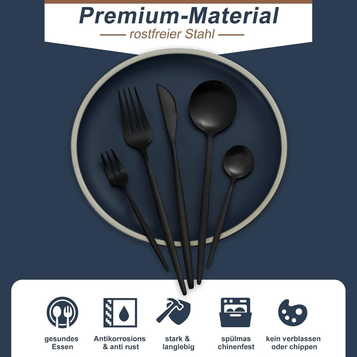 Bestdin Besteck Set 6 Personen, 30 teilig Edelstahl Besteckset Schwarz Matt, Essbesteck Set mit Mess