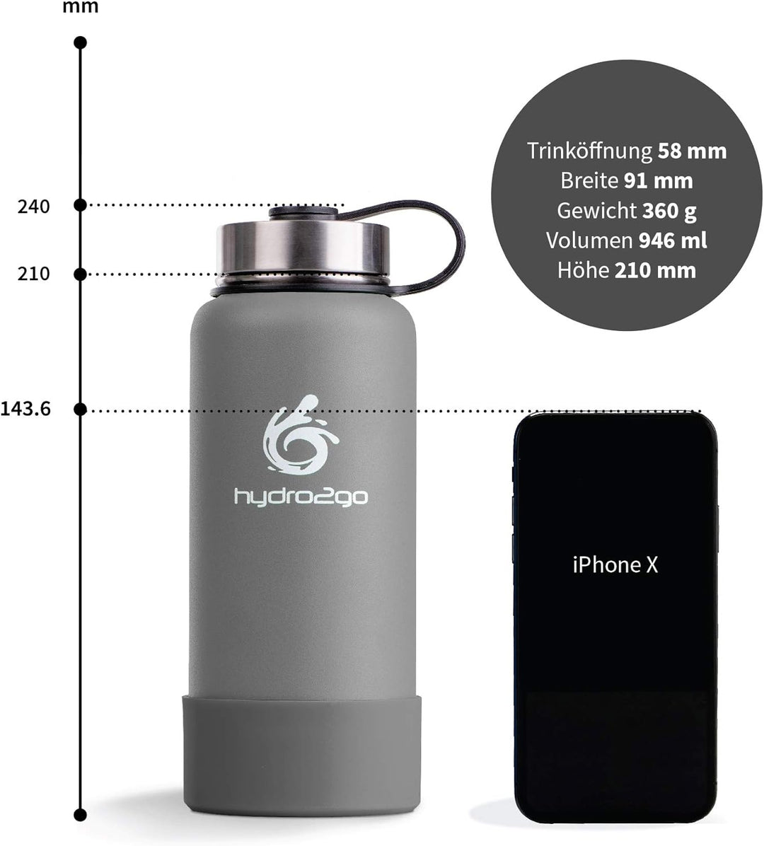hydro2go ® Edelstahl Trinkflasche X-AlpsBottle - 1000ml / 1l | vakuumisolierte Thermosflasche + 3 Tr