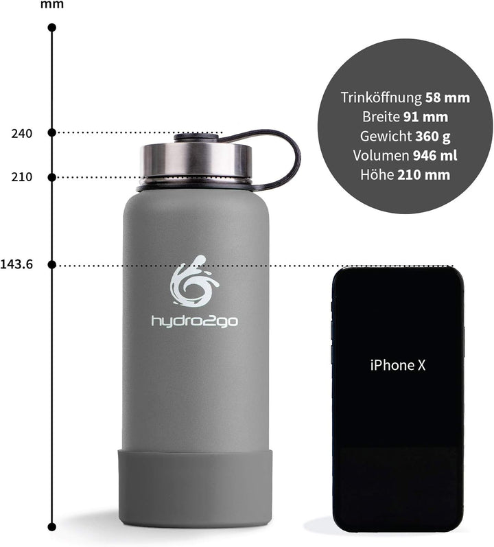 hydro2go ® Edelstahl Trinkflasche X-AlpsBottle - 1000ml / 1l | vakuumisolierte Thermosflasche + 3 Tr