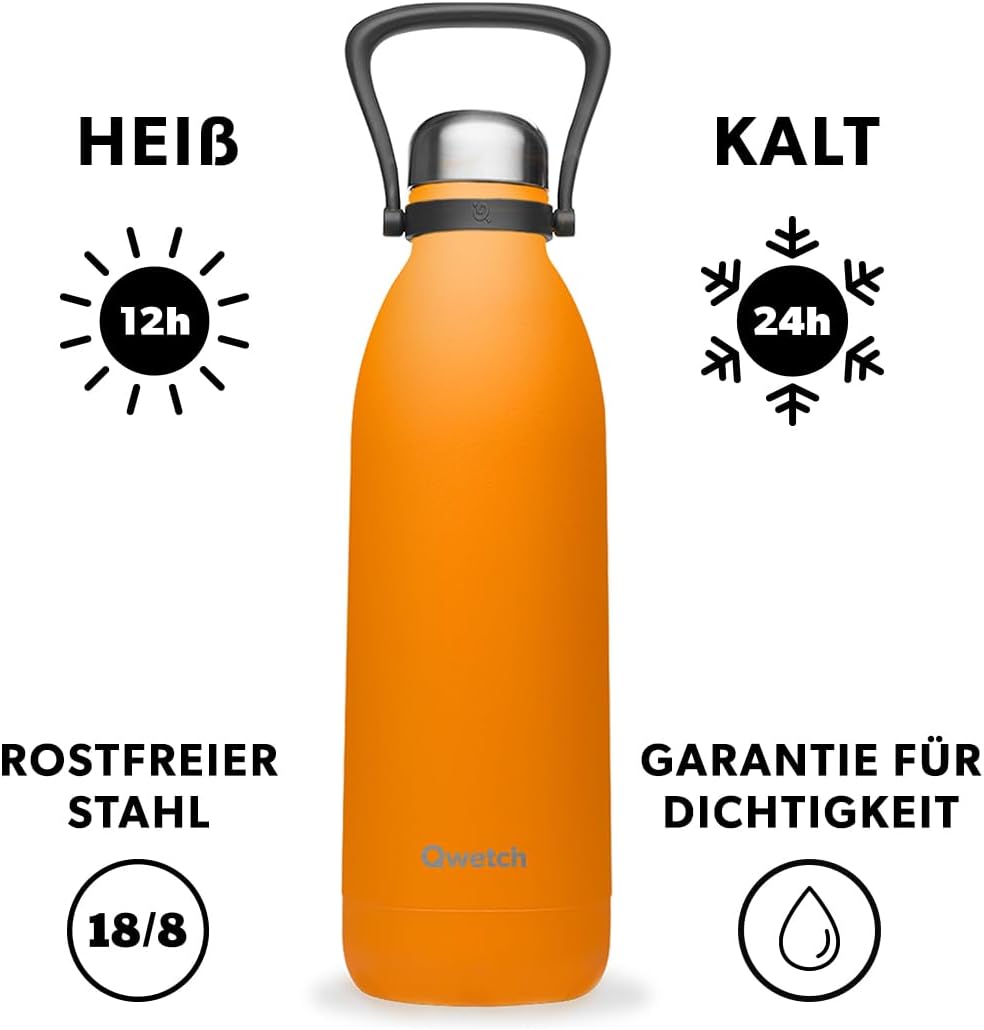 QWETCH - Isothermische Flasche - Titan Pop Orange 2L - 48h kalt & 16h heiss - BPA frei, wasserdicht