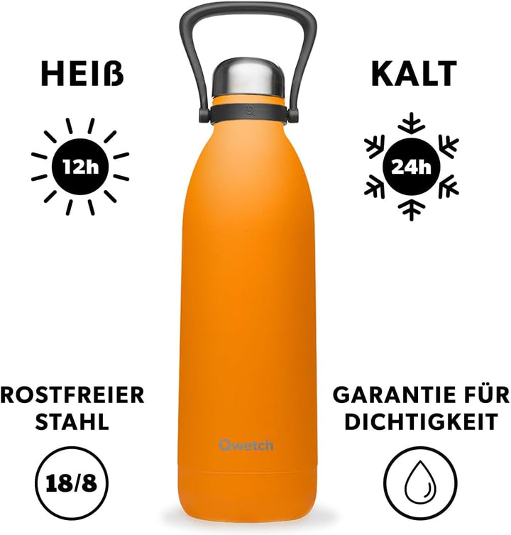 QWETCH - Isothermische Flasche - Titan Pop Orange 2L - 48h kalt & 16h heiss - BPA frei, wasserdicht