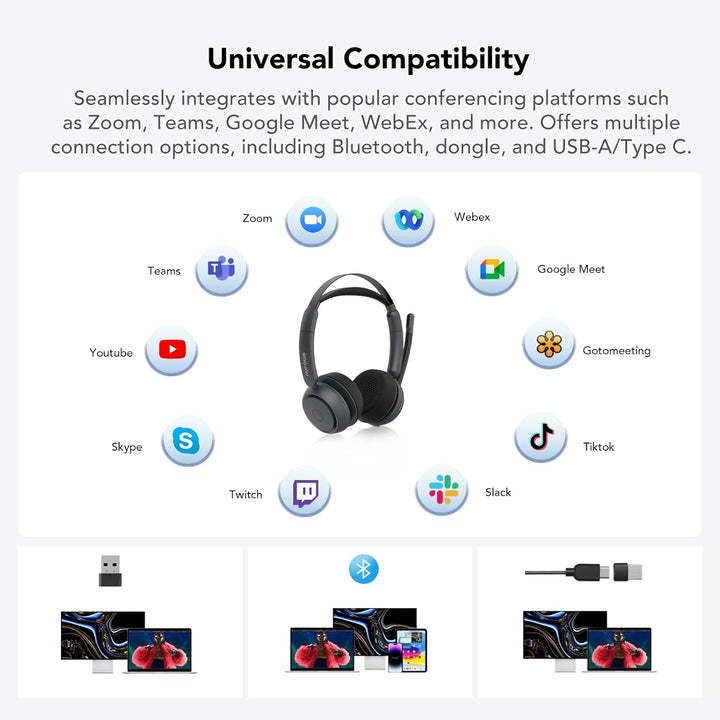 Nuroum HP31DU(2nd Gen) Bluetooth Headset mit Mikrofon Wireless, Geräuschunterdrückende Mikrofone für