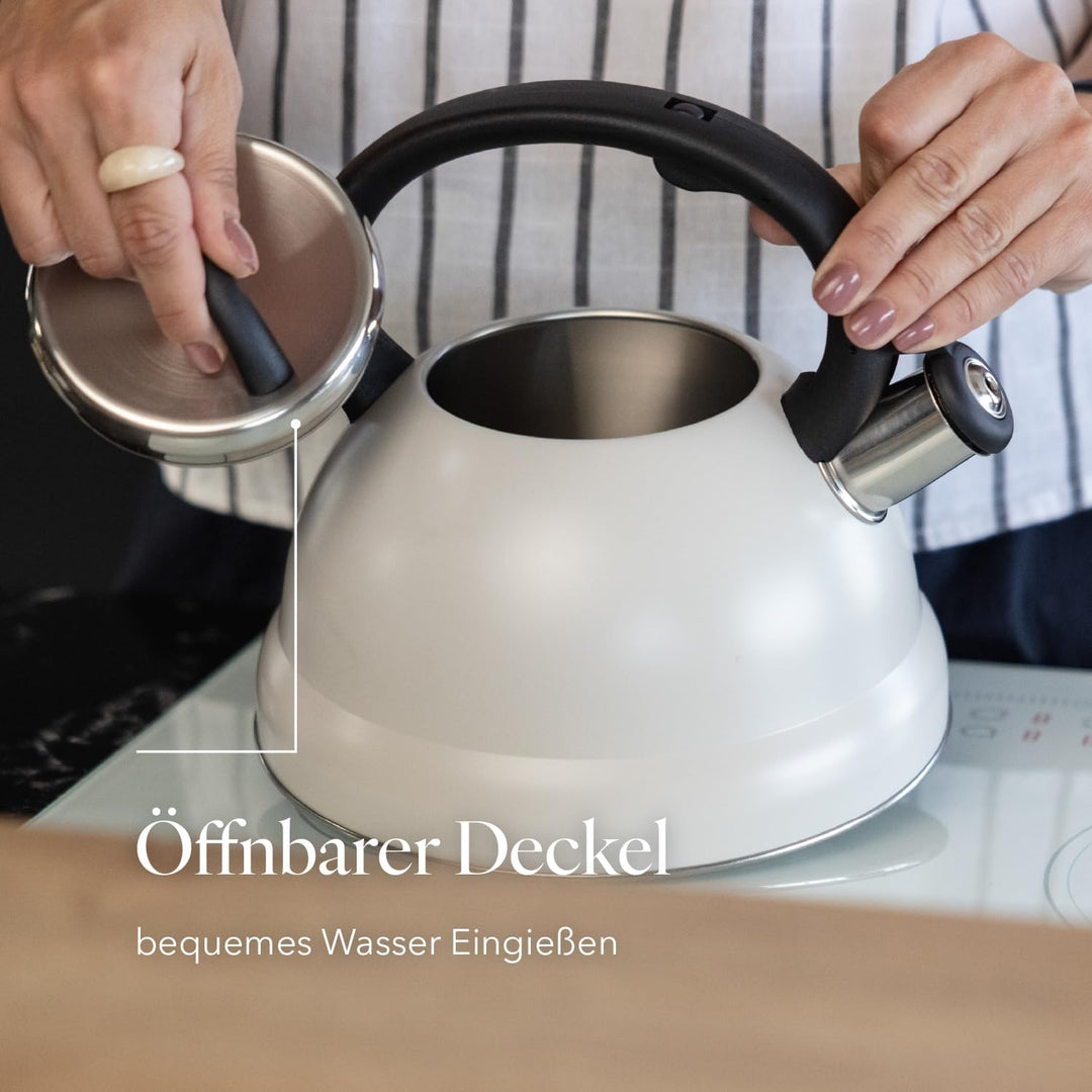 FLORINA Wasserkessel (2,5 l) | Edelstahl Teekessel JACOB | Flötenkessel mit Bakelit Griff & Pfeifton