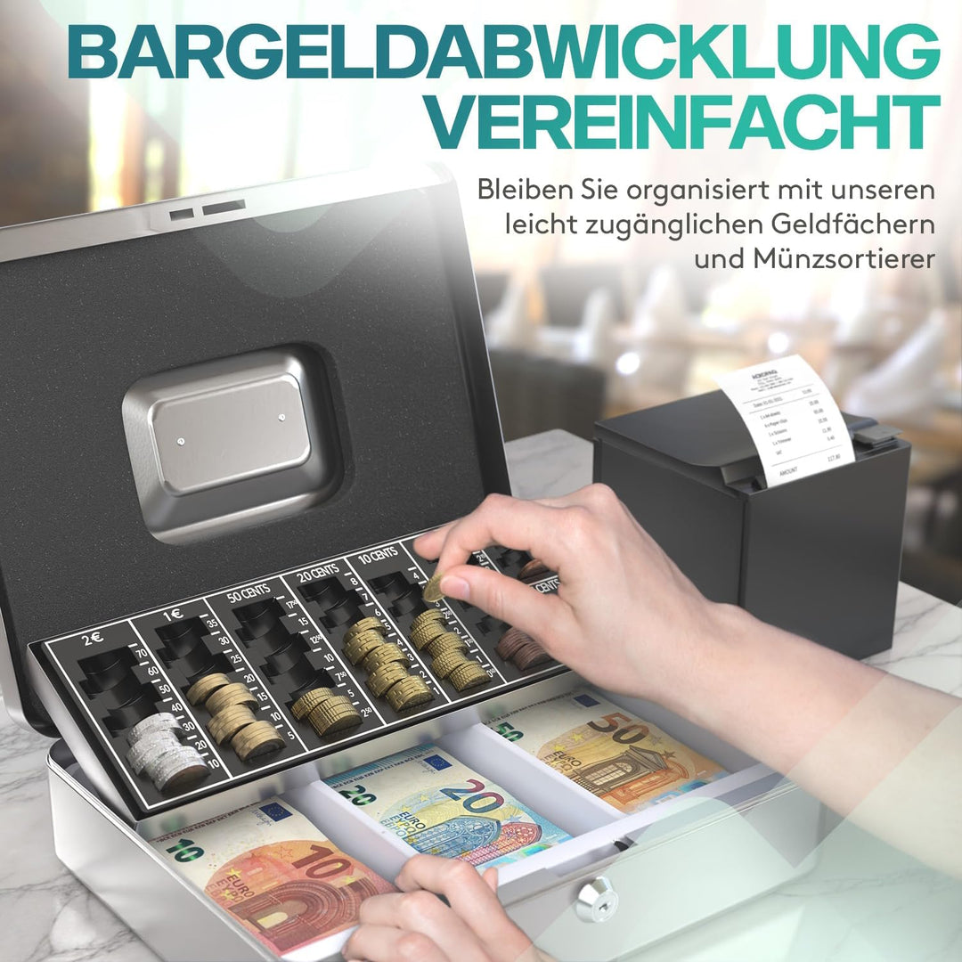 ACROPAQ Geldkassette abschliessbar - (30 x 24 x 9 cm), Kasse mit Münzzählbrett, Stahlkonstruktion, M