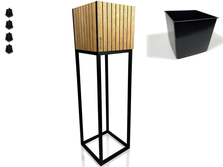 FLEXISTYLE Pflanzenständer LOFT FIORINO Metall Eiche Holz Lamelle Blumenständer Schwarz Blumentopf m